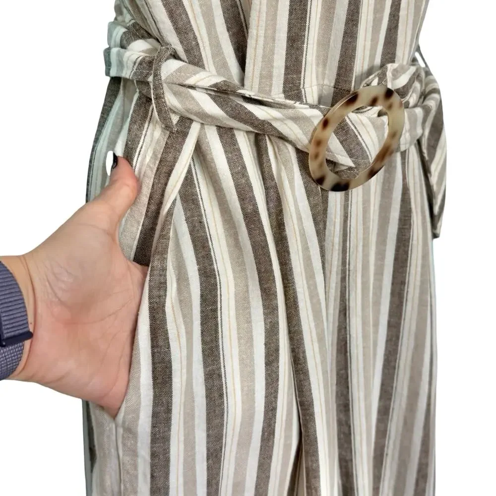 Calvin Klein White Beige Mock Neck Pinstripe Linen Blend Cropped Jumpsuit sz 12 - Picture 15 of 16